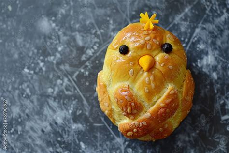 Overhead View Of An Easter Chick Made From Hot Cross Buns Stock