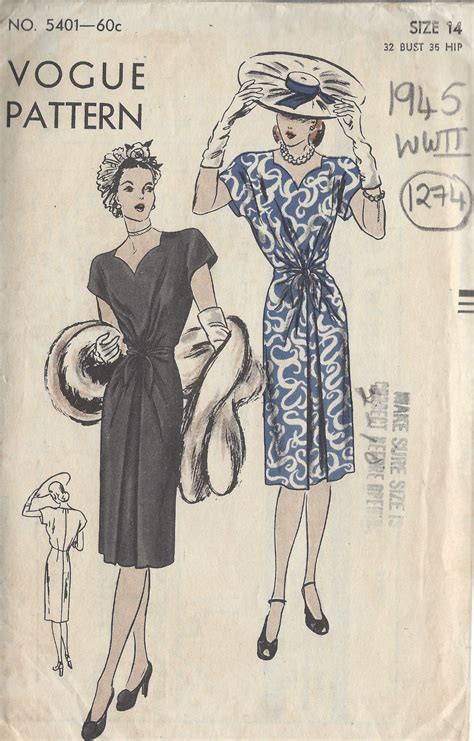 1945 WW2 Vintage VOGUE Sewing Pattern B32 DRESS 1274 The Vintage