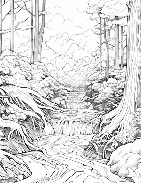 Un Dibujo En Blanco Y Negro De Un Arroyo En Un Bosque Ai Generativo