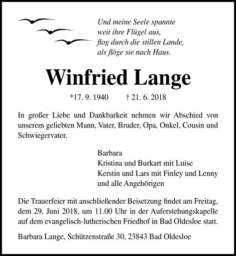 Traueranzeigen Von Winfried Lange Trauer Anzeigen De