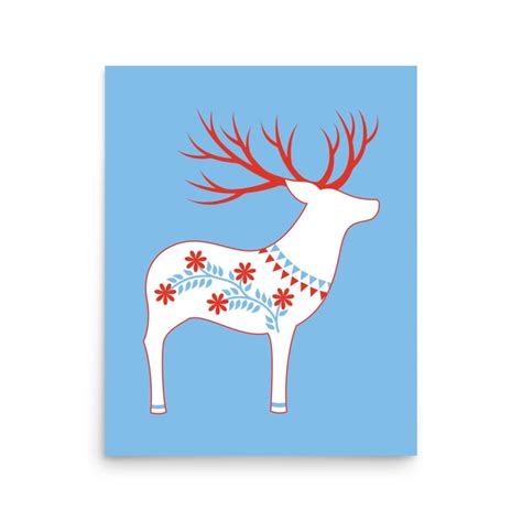 Reindeer Folk Art Prints Scandi Woodland Holiday Home Decor Nordic