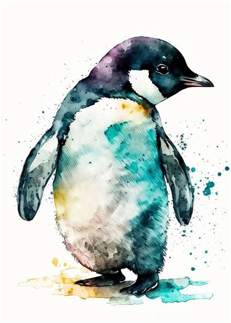 A Watercolor Painting Of A Penguin With Blue And Yellow Colors On It S Body