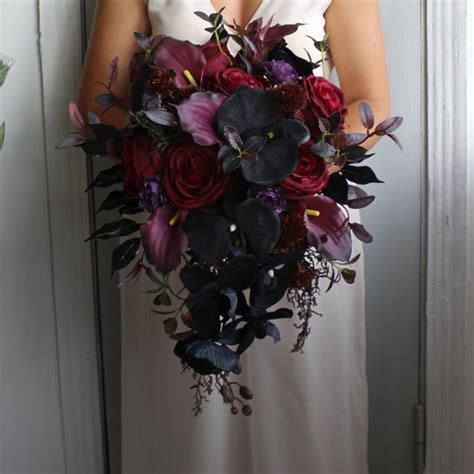 Gothic Wedding Bouquet Burgundy Black Cascading Bouquet Etsy