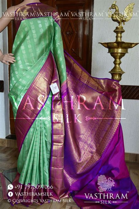 Pure Kanchipuram Apple Green With Purple Border Silk Saree Code