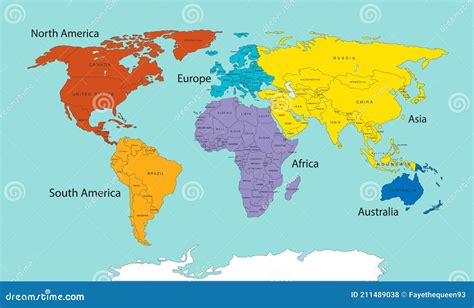 Mapa Del Mundo Dividido En Seis Continentes En Diferentes Colores