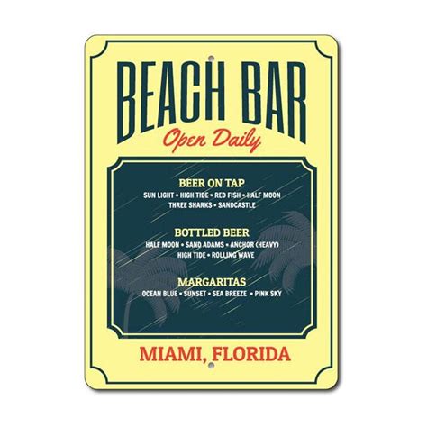 Aluminum Sign 8 X 12 Inch Beach Bar Menu Metal Sign