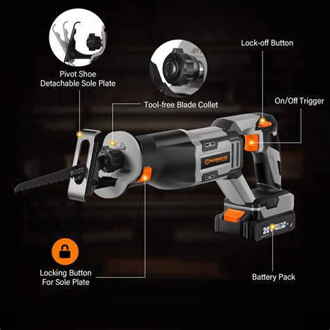 WORKSITE Reciprocating Saw 20V Cordless Reciprocating Saw W 2 0Ah