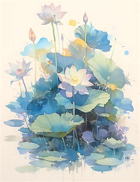 Watercolor Painting Of Lotus Flowers And Leaves Premium AI Generated