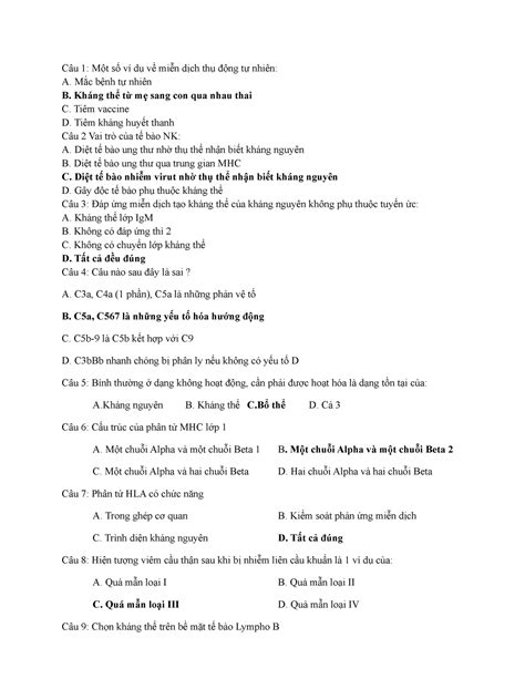 Đề thi miễn dịch - Câu 1: Một số ví dụ về miễn dịch thụ động tự nhiên ...