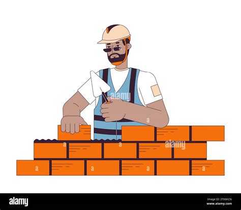 Construction Worker Laying Bricks Line Cartoon Flat Illustration Stock