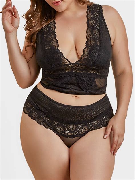 Plus Size Lace Mesh Plunging Cutout Lingerie Set Dealley