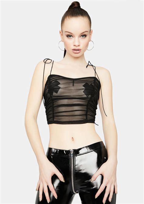 Sheer Mesh Ruched Shoulder Tie Strap Crop Top Black Dolls Kill