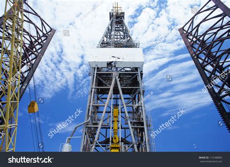 Front View Of Derrick Of Offshore Oil Drilling Rig And Rig Legs On