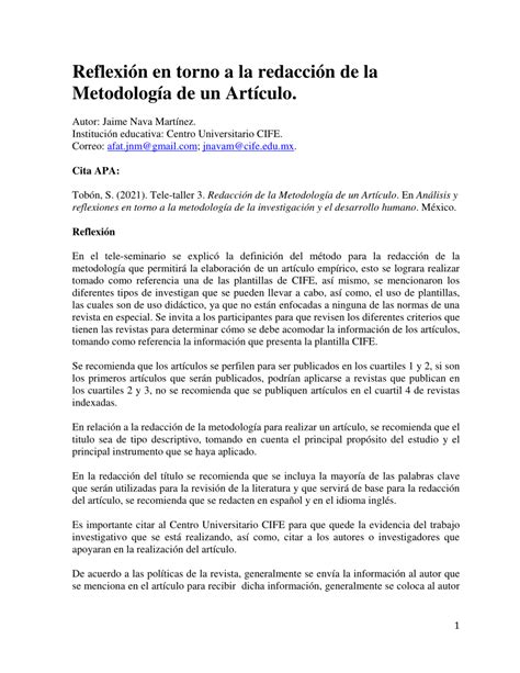 PDF Reflexión en torno a la redacción de la Metodología de un Artículo