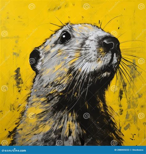 Yellow Painted Groundhog Monumental Ink Painting With High Contrast