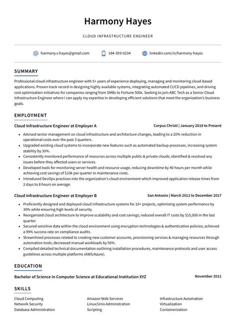 Cloud Infrastructure Engineer Resume Cv Example And Writing Guide