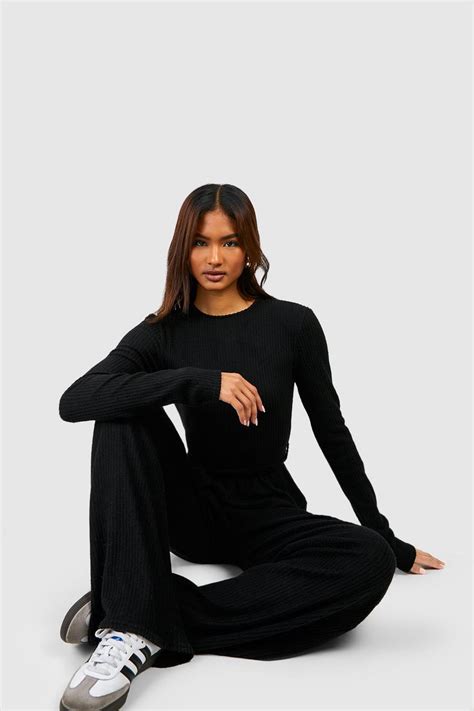 Tall Super Soft Rib Self Belt Wide Leg Jumpsuit Boohoo Uk