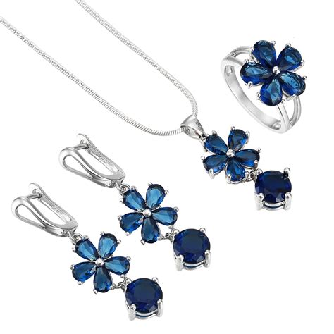 Flower clover royal blue Jewelry Sets Blue cz crystal Ring Silver ...