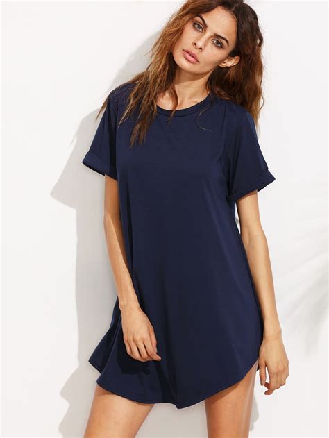 Navy Blue Cuffed Sleeve Shift Dress Sheinsheinside