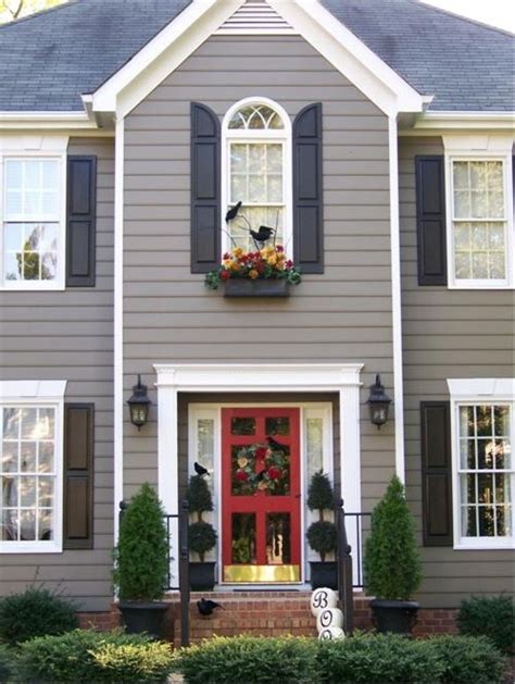 Gray House Dark Blue Shutters Red Front Door White Trim House