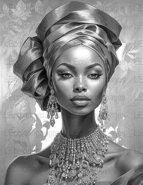 Intricate African Queen Grayscale Coloring Page Adult Stress Relief