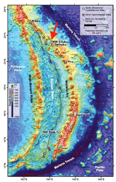 Bathymetric Map Of The Mariana Arc Solid Green Shading Indicates