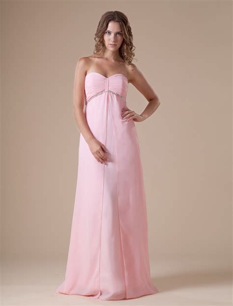 Pink Strapless Sweetheart Empire Waist Chiffon Maxi Bridesmaid Dress