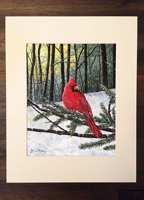 Cardinal Painting Winter Sunset Snow Painting Bird Print Winter ...