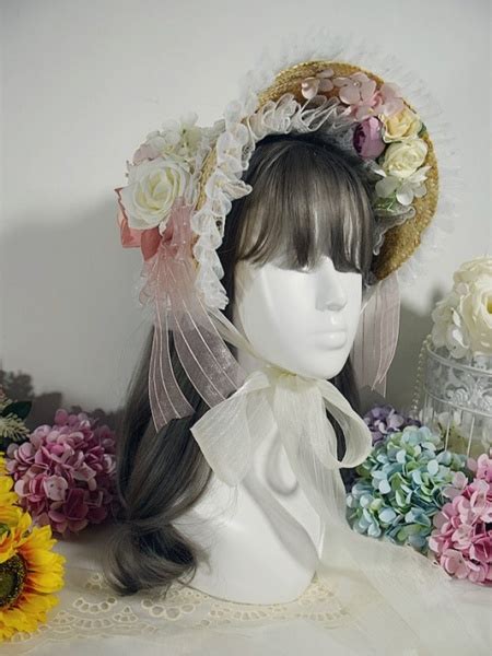 34 20 Handmade Elegant Lolita Rose Bowknot Straw Bonnet Wishupon