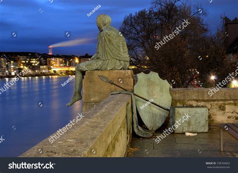 Sitting Helvetia Statue On The River Rhine In Basel, Switzerland Stock Photo 158764052 ...