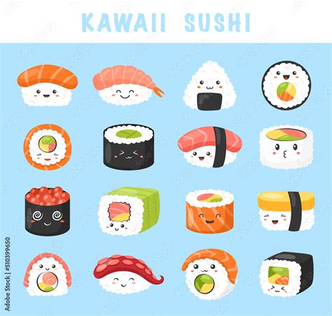 Kawaii Sushi Icon Vector Set Of Cute Sushi Rolls Nigiri Sashimi