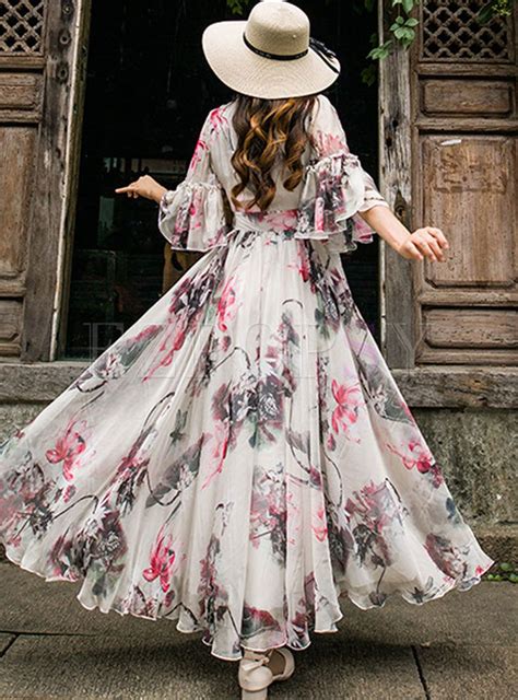 V Neck Flare Sleeve Print Maxi Dress Printed Maxi Dress Floral Print Chiffon Maxi Dress