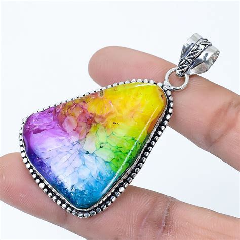 Rainbow Solar Quartz Druzy Gemstone Handmade Silver Jewelry Pendant 2 4