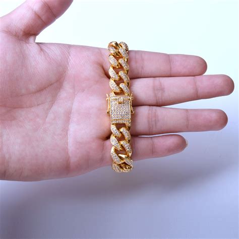 12MM Men Women Zircon Curb Cuban Link Bracelet Hip Hop Jewelry Gold