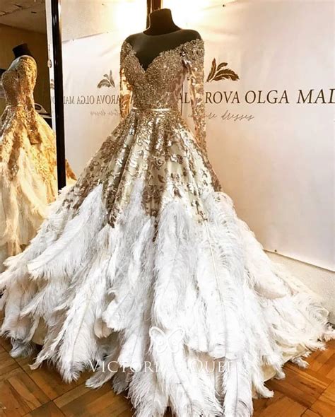 Gold Lace And Sequin Ostrich Feather Prom Ball Gown Vq