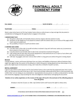 Fillable Online Paintball Adult Consent Form Zap Combat Centre Fax