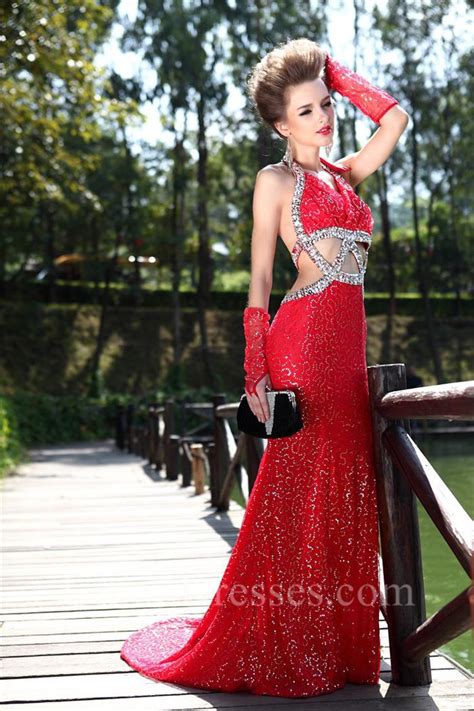 Sexy Halter Backless Cut Out Red Tulle Sequin Evening Prom Dress