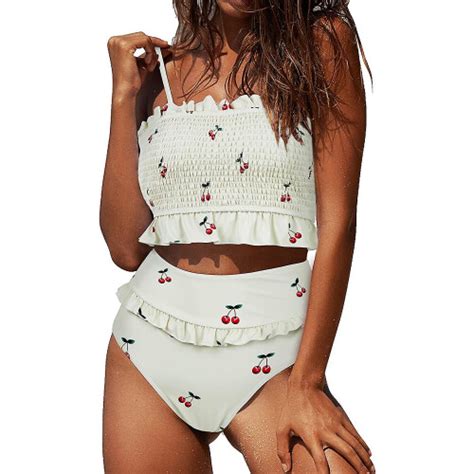 High Waisted Bikini Set For Women Strapless Bikini Bandeau Ruffled Bikini Padded 2 Piece Qxuan