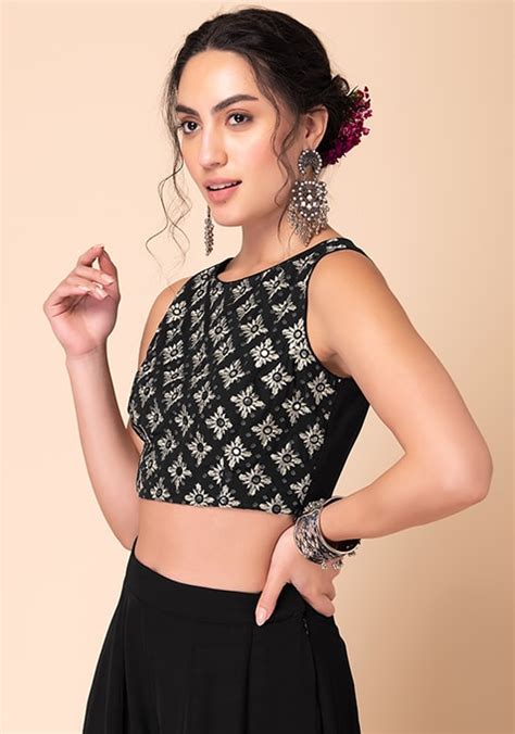 Buy Women Black Bandhani Print Embroidered Blouse RTW Indya