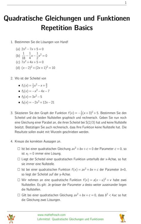 Quadratische Gleichungen Und Funktionen Mathematik Lernen