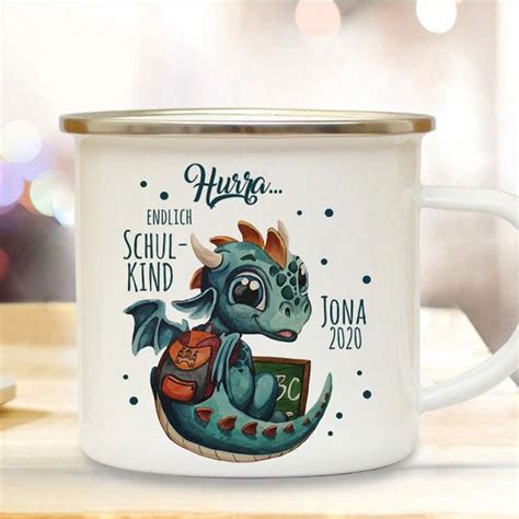 Emaille Becher Camping Tasse Motiv Drache Drachen Dragon Schulkind