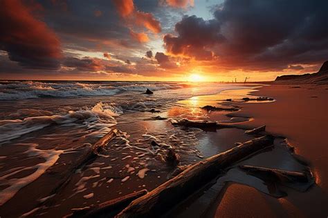 Premium Photo Golden Coastal Sunset Serene Scene With Radiant Rays