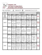 Chem 410 Lab Report Grading Rubric For Reviewing Full Lab Report 2