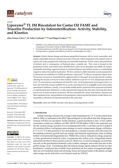 (PDF) Lipozyme® TL IM Biocatalyst for Castor Oil FAME and Triacetin ...