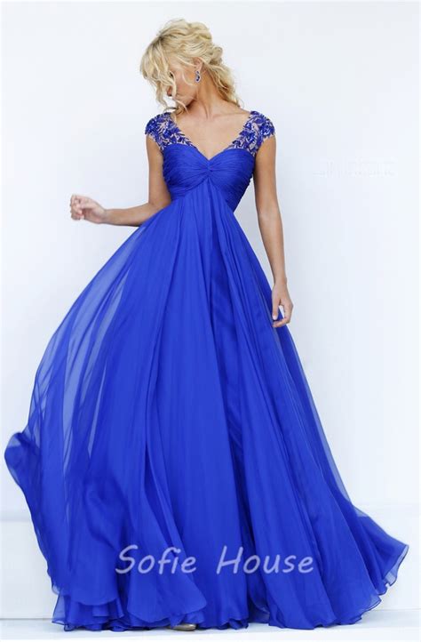 V Neck Cap Sleeve Open Back Empire Waist Royal Blue Chiffon Flowing Prom Dress