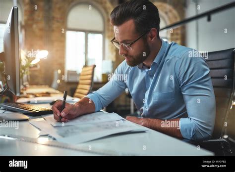 Young Engineer Successful Busy Bearded Man In Eyeglasses And Formal