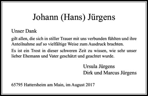 Traueranzeigen von Johann Hans Jürgens trauer rheinmain de