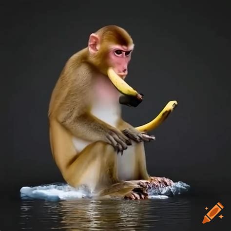 Funny Monkey Eating A Big Banana On Ice On Craiyon