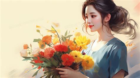 手捧鲜花花束的美丽女孩人物插画图片素材下载格式熊猫办公