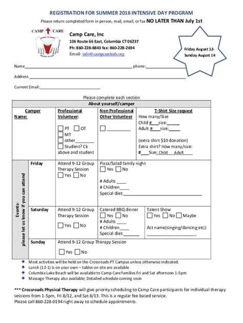 Fillable Online Registration For Summer 2016 Intensive Day Program Fax